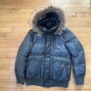 Mackage Black Down Puffer Bomber Jacket Fur Trim Hood Size 38